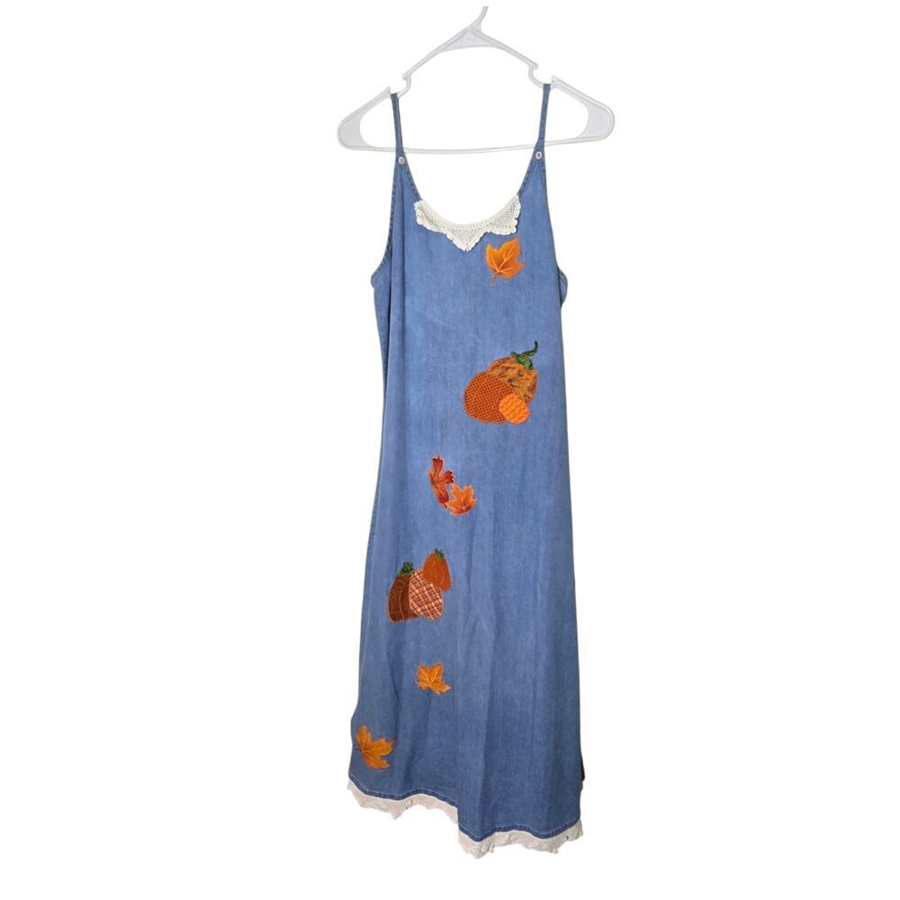 Vintage Y2K American Outpost Pumpkin Denim Jumper Dress Size L Fall Autumn Midi